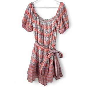 NWT Clara the Label Cotton Belted Geometric Print A Line Dress M Puff Sleeves